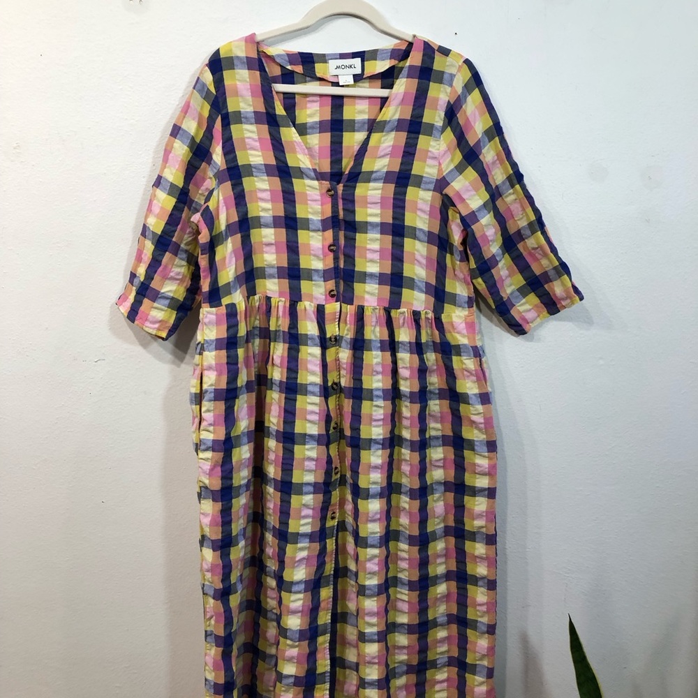 Plaid Midi Dress, like new, Women’s size Large, pink, blue, yellow, 100% Cotton